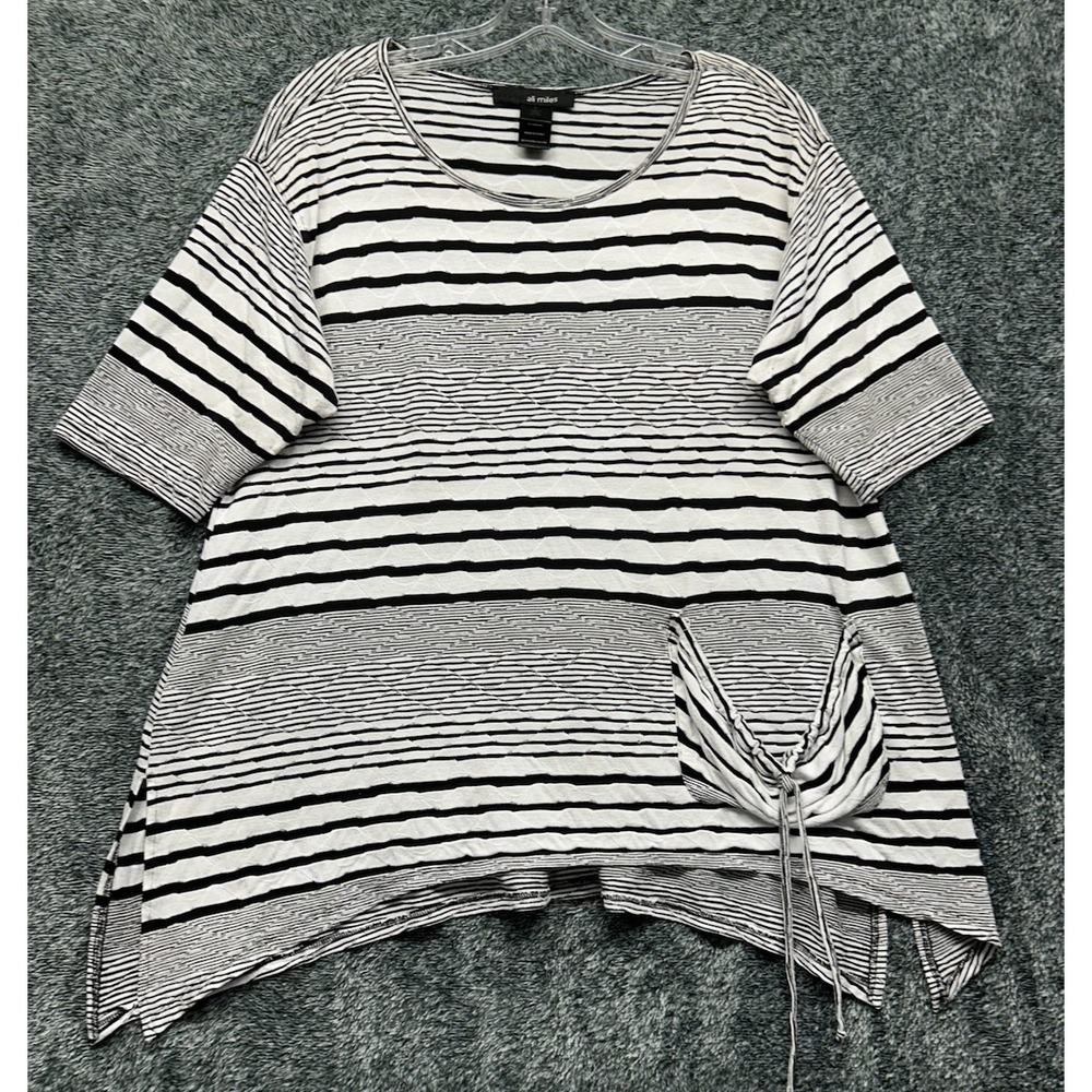 Ali Miles Womens Size L White Striped Short Sleeve Blouse Top (T9)